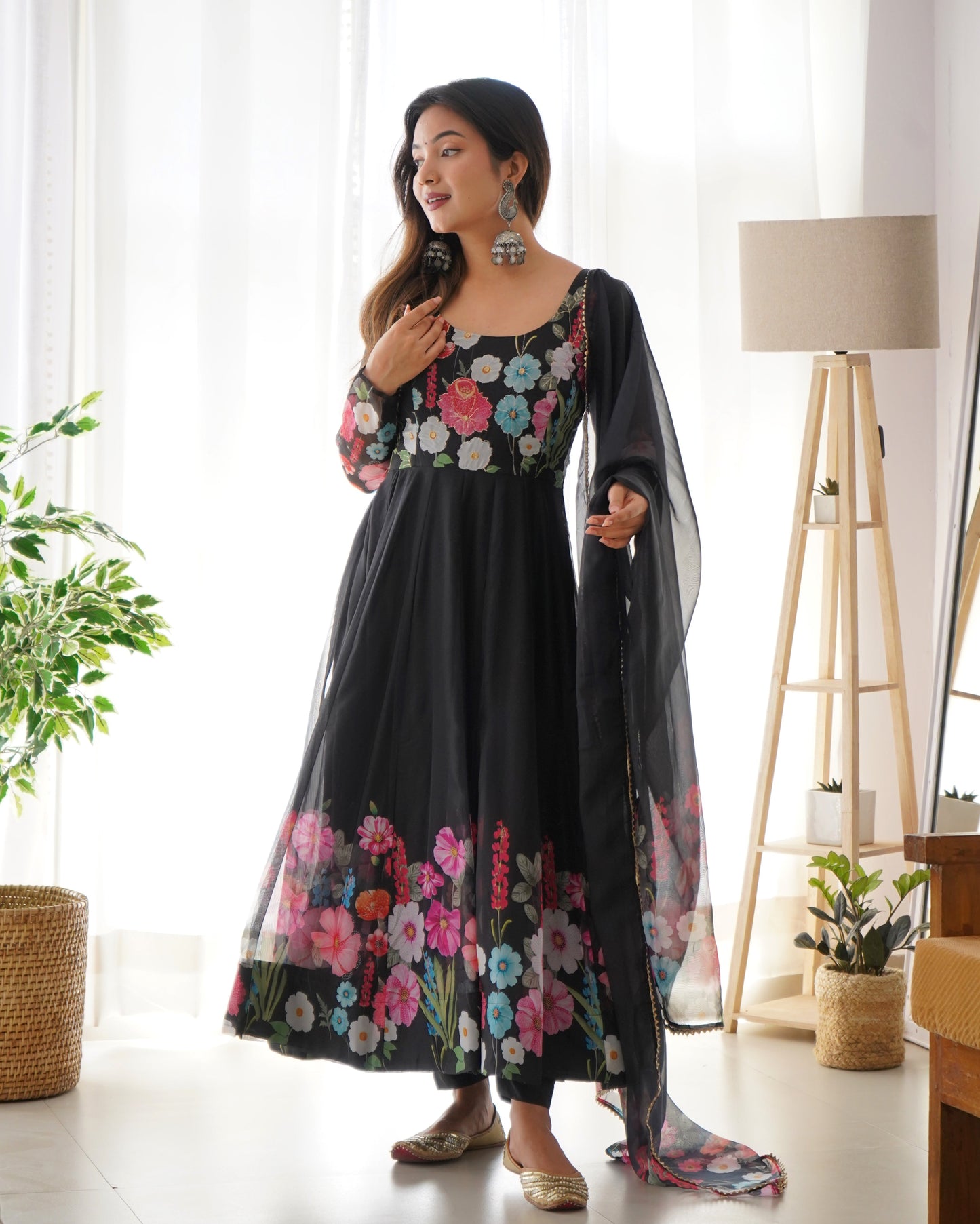 Black Pure Soft Organza Anarkali Suit Set Comes With Huge Flair, Dupatta & Pant