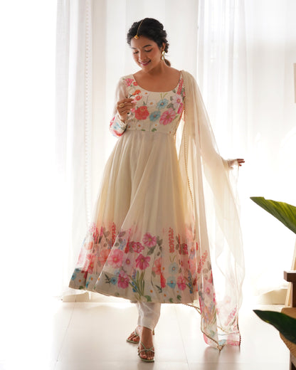 Cream Pure Soft Organza Anarkali Suit Set Comes With Huge Flair, Dupatta & Pant