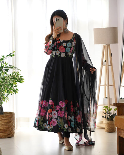 Black Pure Soft Organza Anarkali Suit Set Comes With Huge Flair, Dupatta & Pant