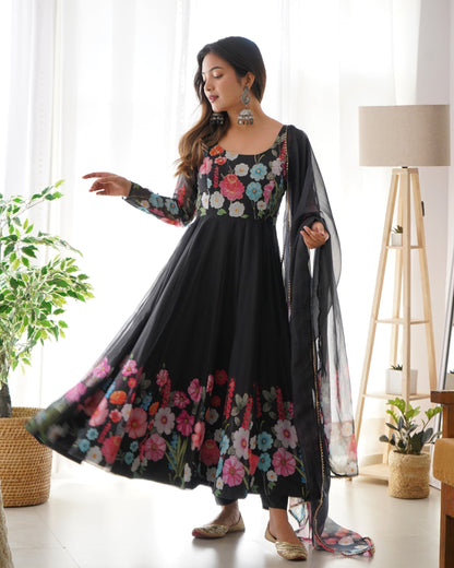 Black Pure Soft Organza Anarkali Suit Set Comes With Huge Flair, Dupatta & Pant