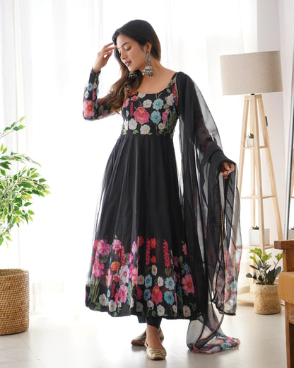 Black Pure Soft Organza Anarkali Suit Set Comes With Huge Flair, Dupatta & Pant