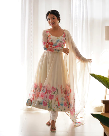 Cream Pure Soft Organza Anarkali Suit Set Comes With Huge Flair, Dupatta & Pant