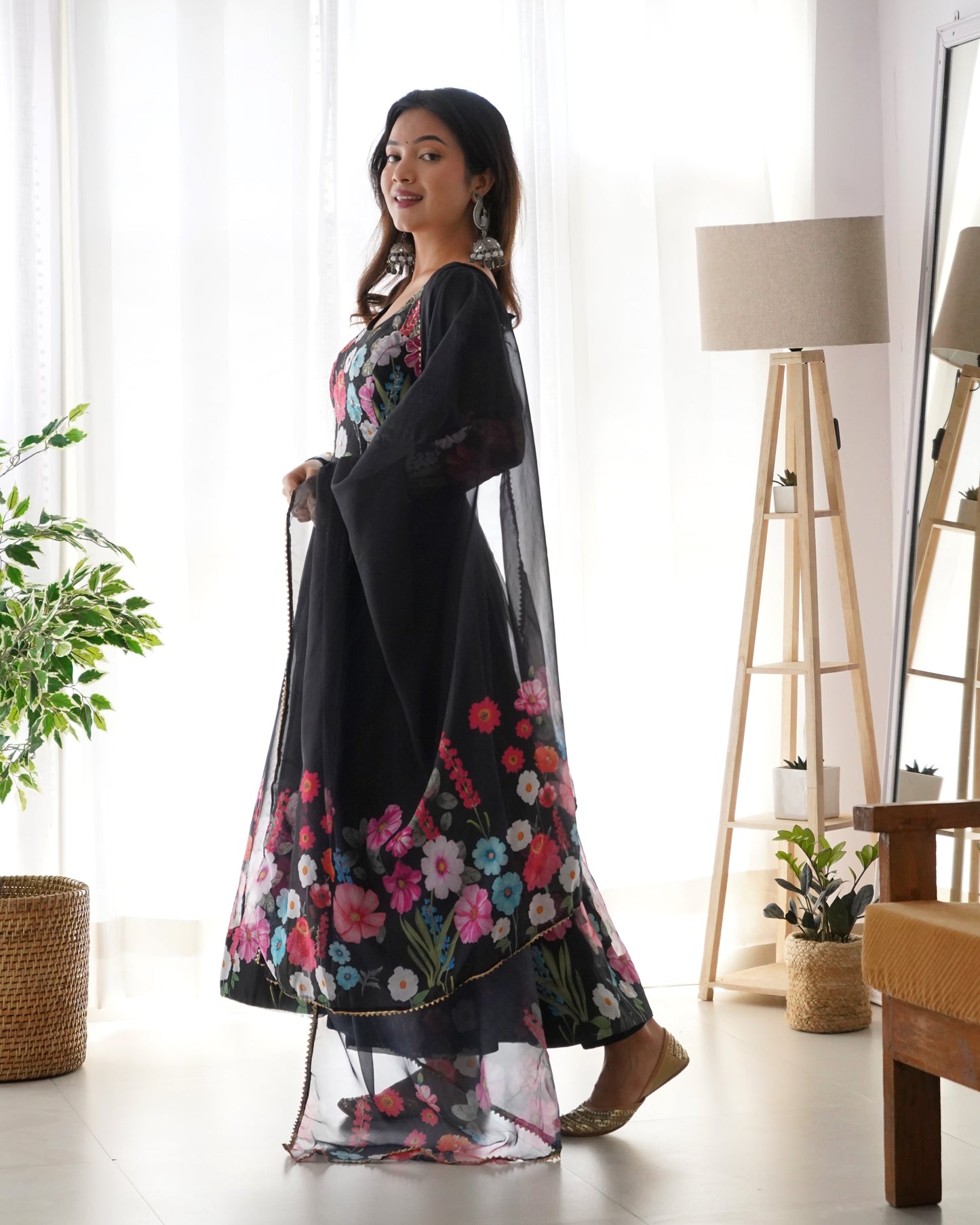 Black Pure Soft Organza Anarkali Suit Set Comes With Huge Flair, Dupatta & Pant