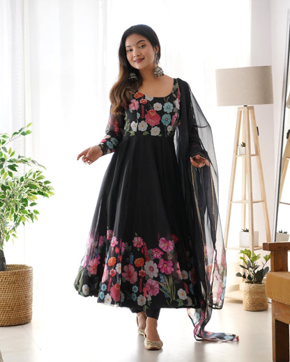 Black Pure Soft Organza Anarkali Suit Set Comes With Huge Flair, Dupatta & Pant