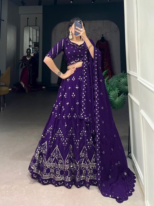 Purple Colour Sequins and Thread Embroidery Work Lehenga Choli