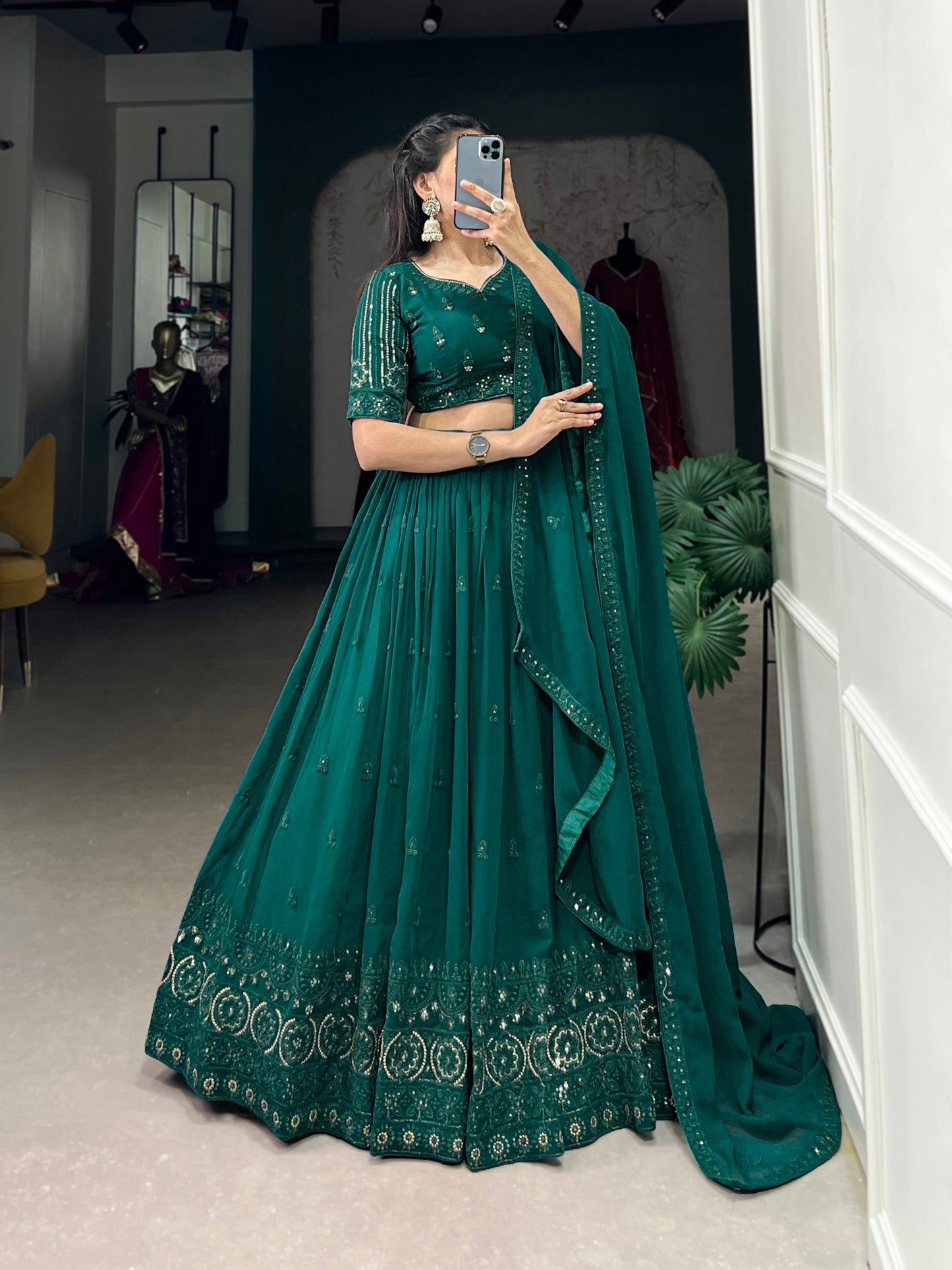 The Royal Green Loom Sequins Lehengha Choli Set