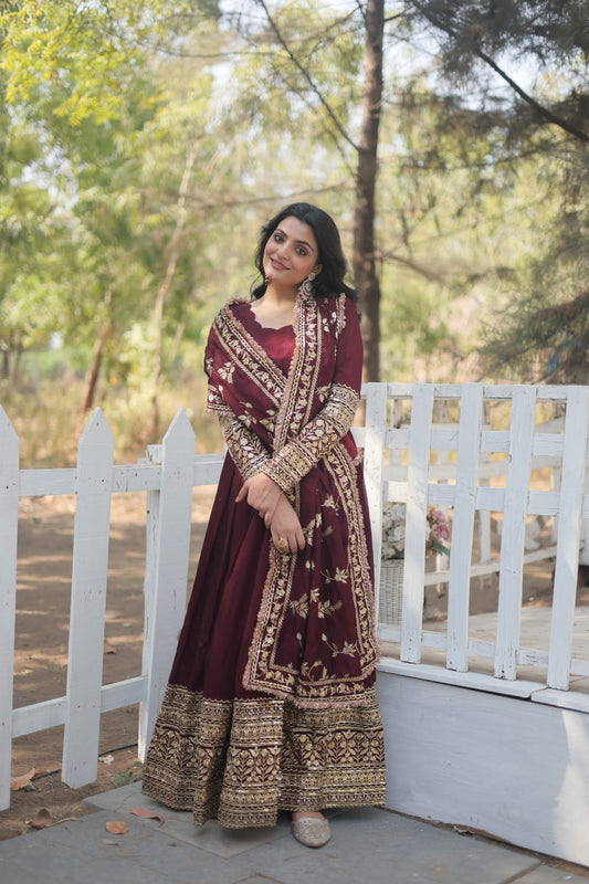 Arya Maroon Ensemble with Exquisite Gold Embroidery Gown Set