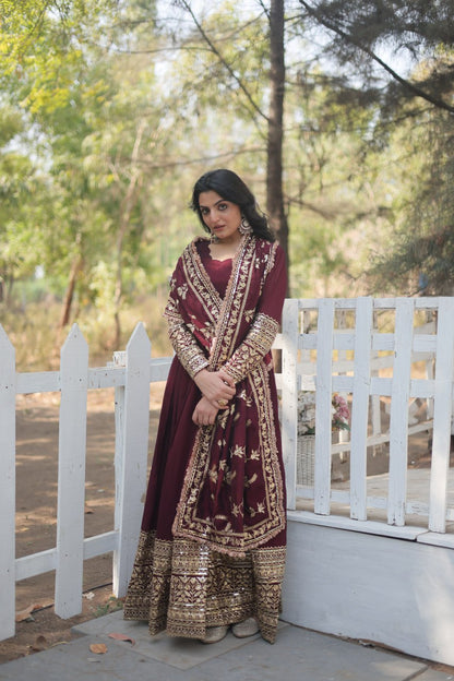 Arya Maroon Ensemble with Exquisite Gold Embroidery Gown Set