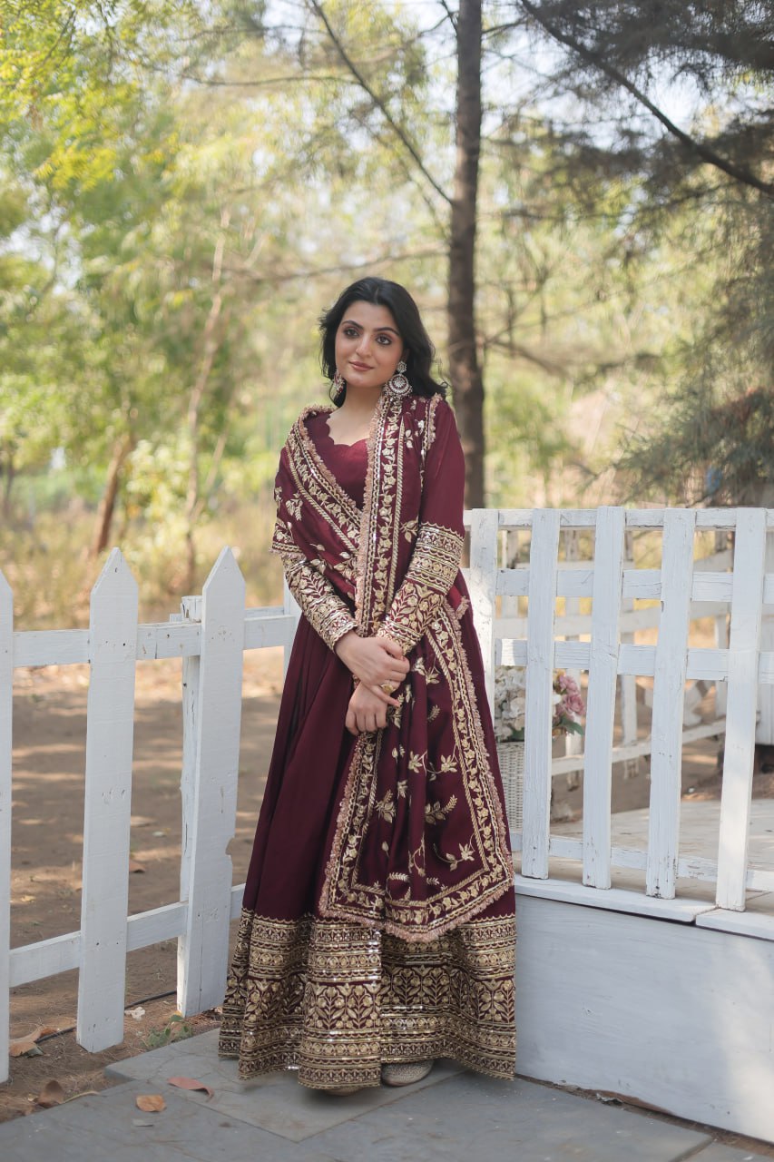 Arya Maroon Ensemble with Exquisite Gold Embroidery Gown Set