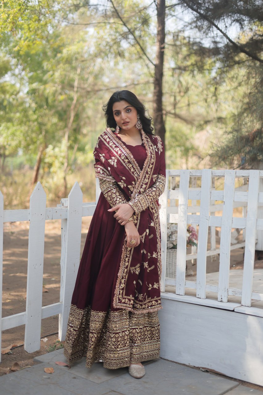 Arya Maroon Ensemble with Exquisite Gold Embroidery Gown Set