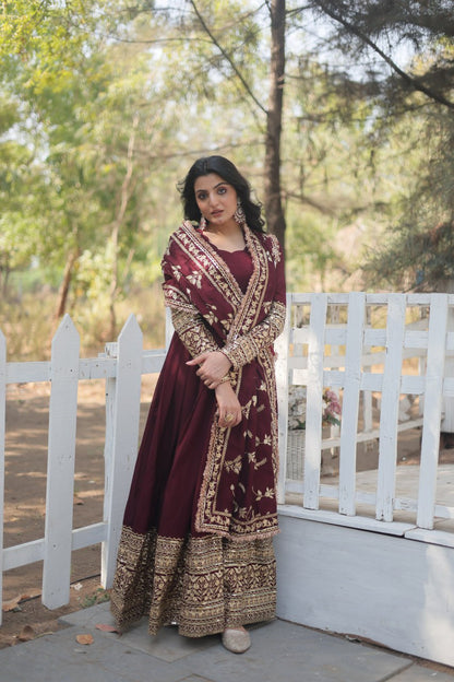 Arya Maroon Ensemble with Exquisite Gold Embroidery Gown Set