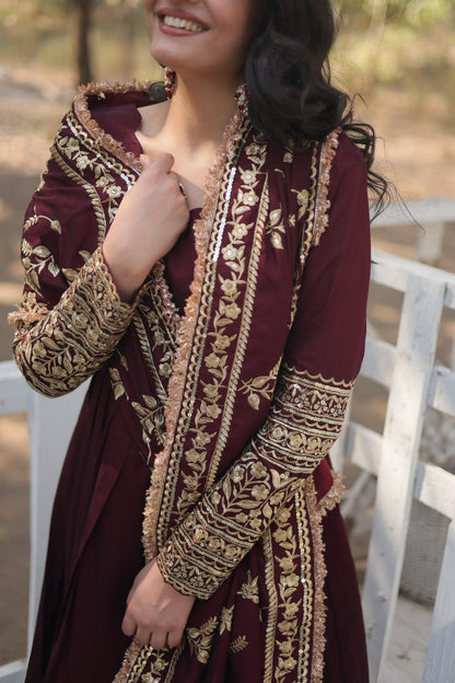 Arya Maroon Ensemble with Exquisite Gold Embroidery Gown Set