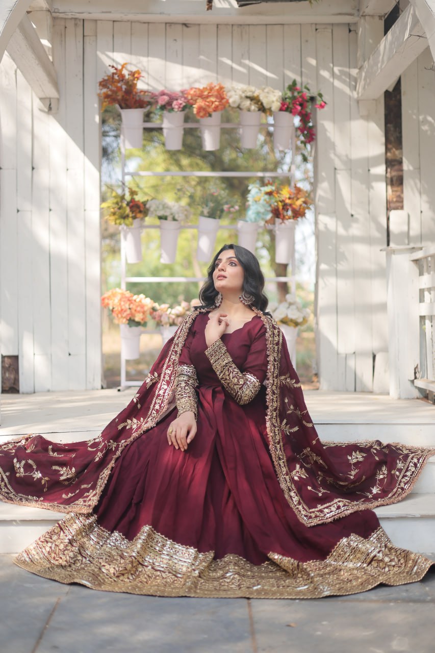 Arya Maroon Ensemble with Exquisite Gold Embroidery Gown Set