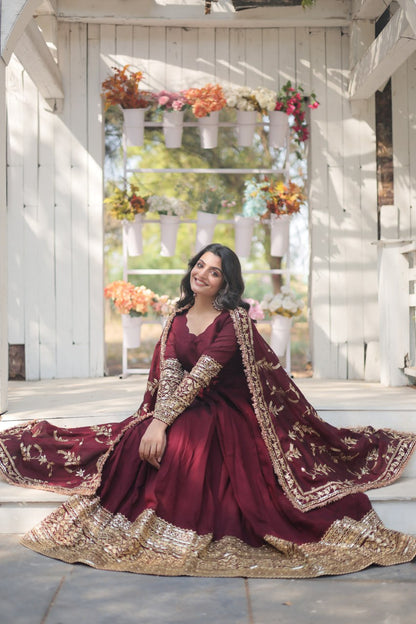 Arya Maroon Ensemble with Exquisite Gold Embroidery Gown Set