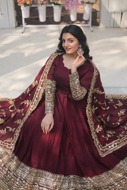 Arya Maroon Ensemble with Exquisite Gold Embroidery Gown Set