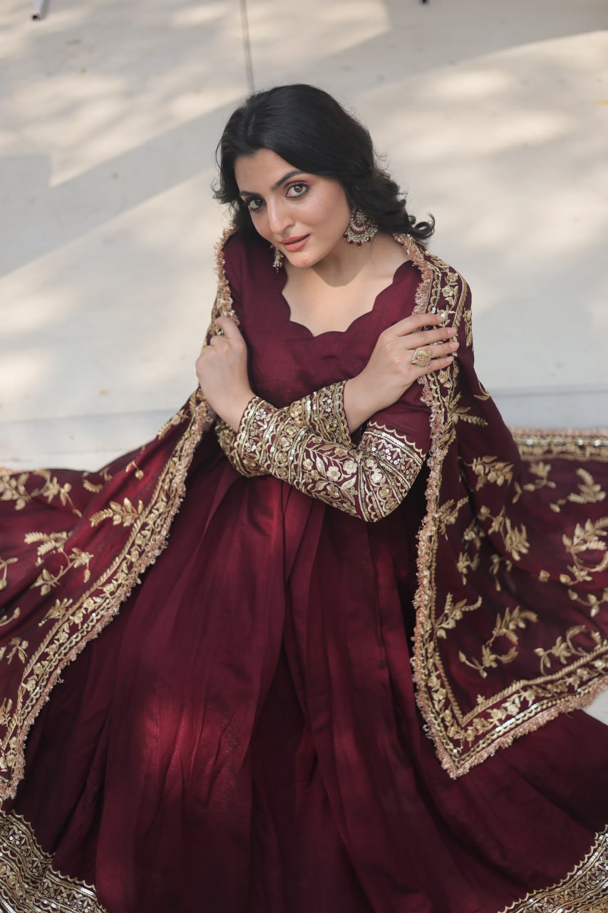 Arya Maroon Ensemble with Exquisite Gold Embroidery Gown Set