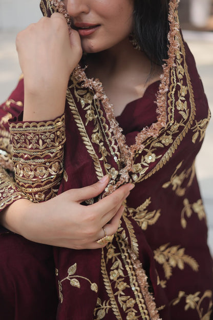 Arya Maroon Ensemble with Exquisite Gold Embroidery Gown Set