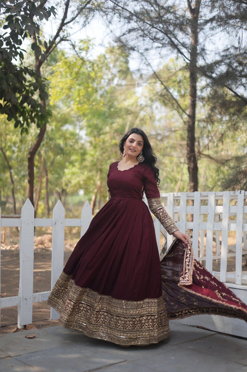 Arya Maroon Ensemble with Exquisite Gold Embroidery Gown Set