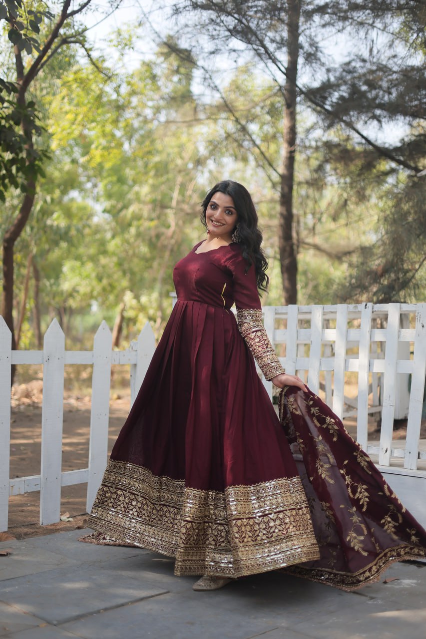 Arya Maroon Ensemble with Exquisite Gold Embroidery Gown Set