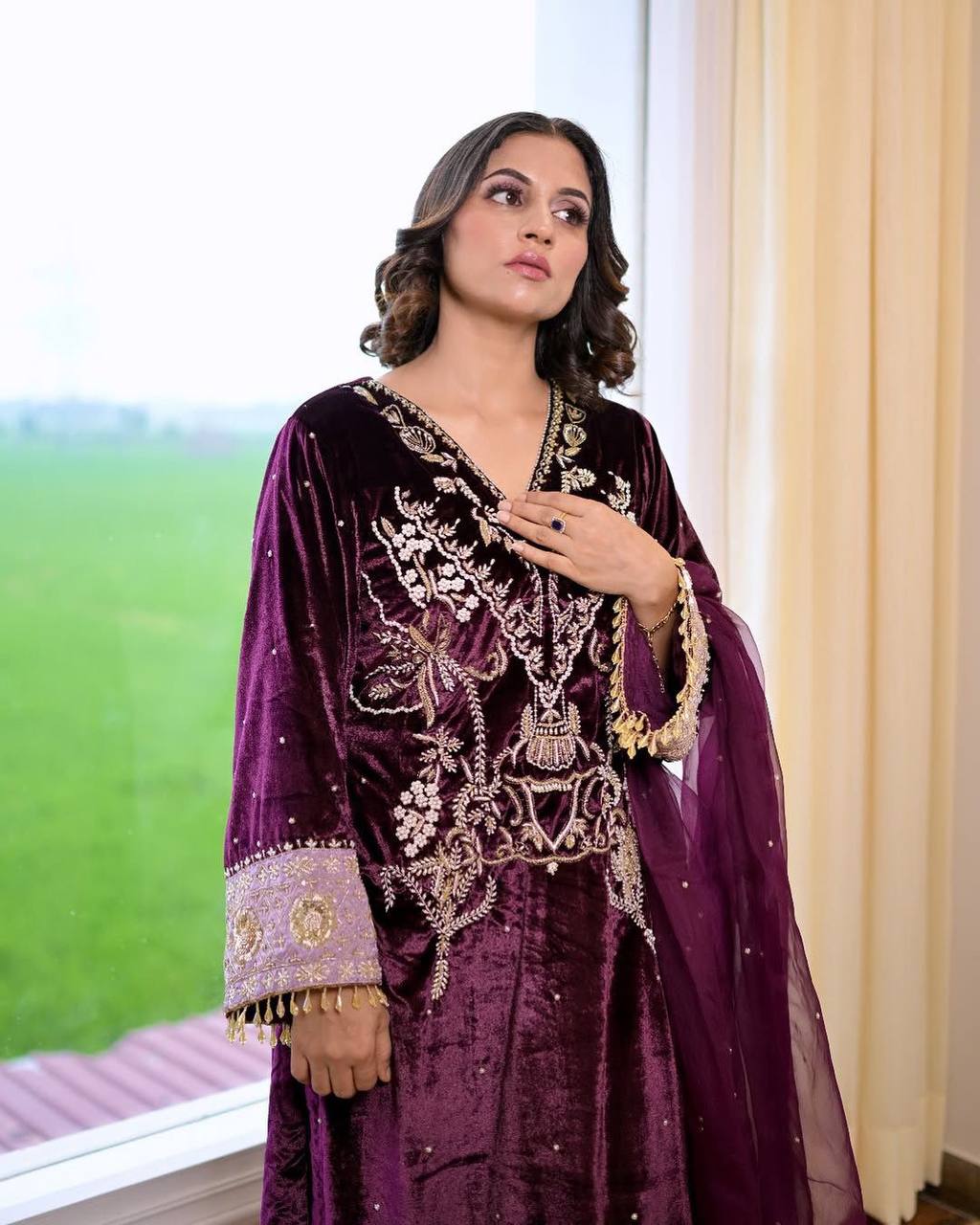 Velvet Feels And Golden Dreams Embroidery Work Suit