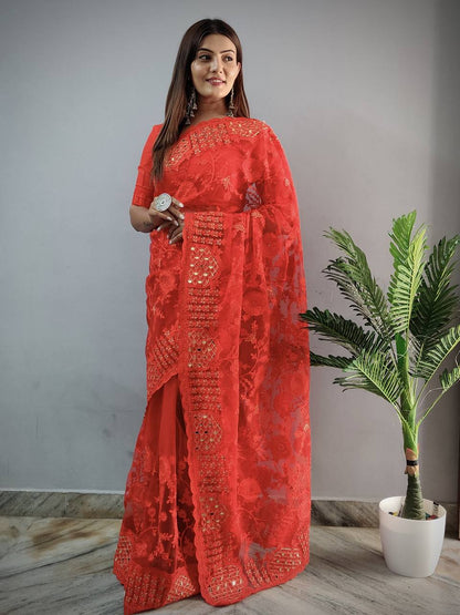 Devyanshi Red Butterfly Net Saree