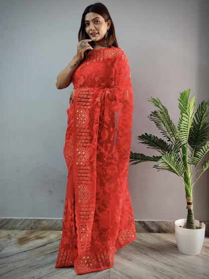 Devyanshi Red Butterfly Net Saree