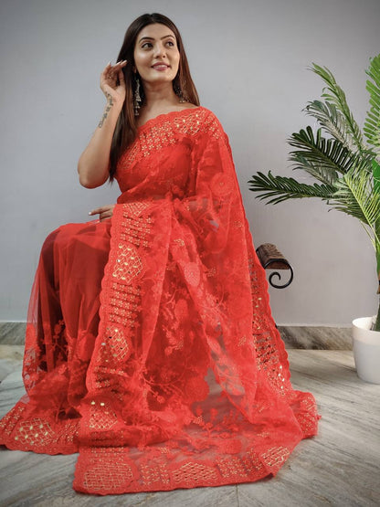 Devyanshi Red Butterfly Net Saree