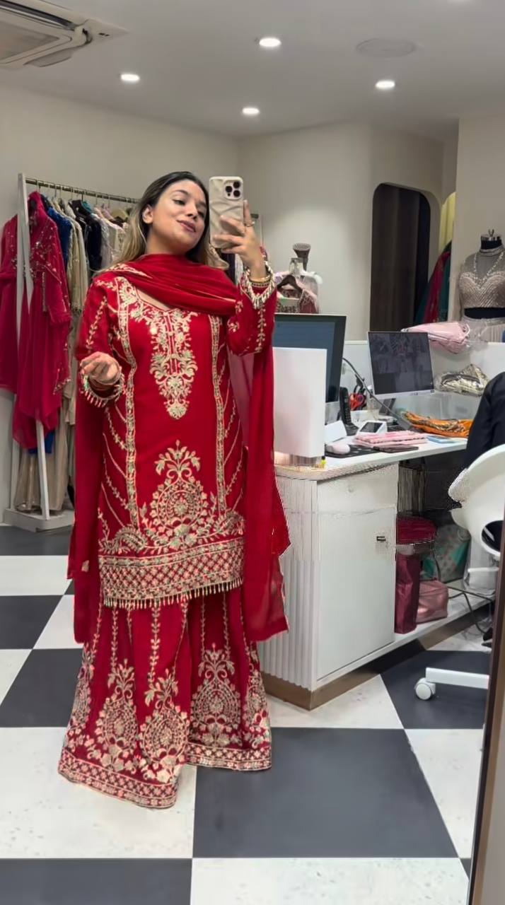 Royal Red Heavy Embroidered Palazzo Suit Set