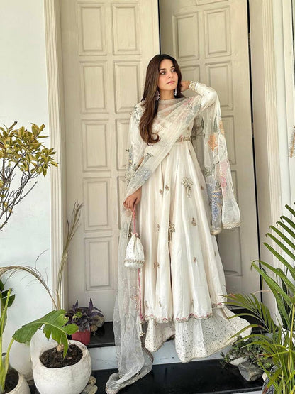 Sunehri Classic White Blooming Anarkali Suit with Embroidered Dupatta