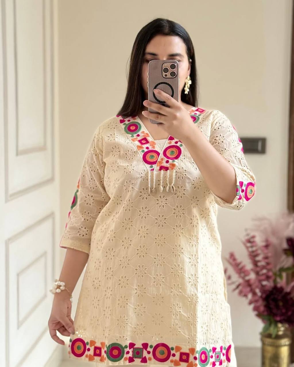 Ivory Charm Mirror-Thread Kurta Set with Vibrant Geometric Accents