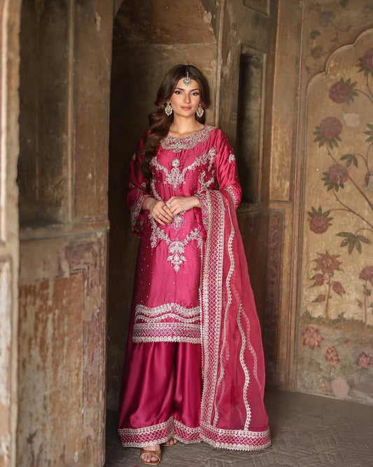Naira Pink Designer Party Wear Look Top-Plazzo and Dupatta