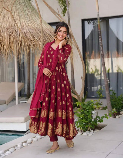 Regal Maroon Grace Golden Motif Anarkali Charm