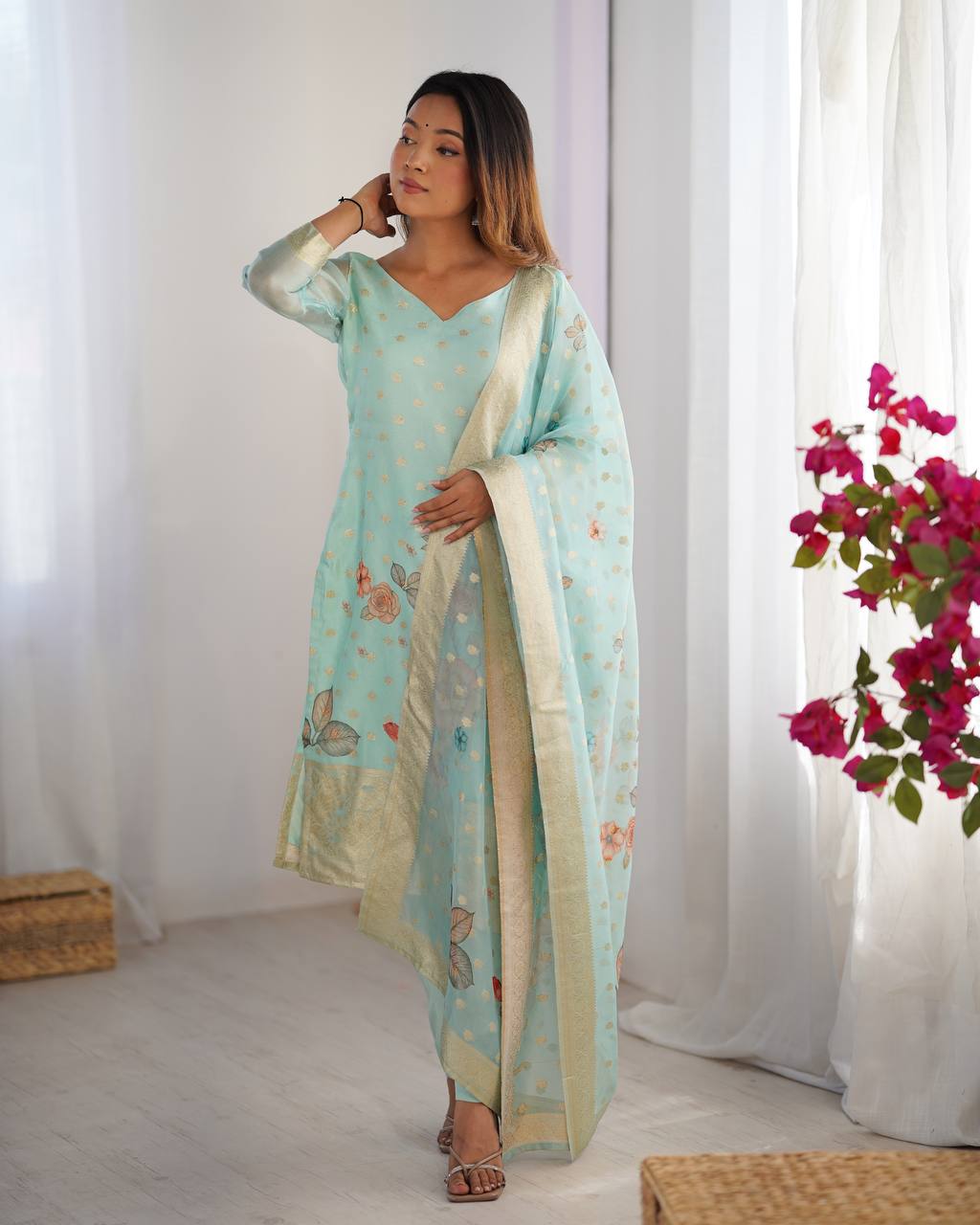 Chanderi Noir Bloom Digital Print Set