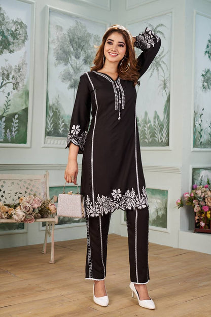 Noir Bloom Running Wear Embroidered Co-Ord Set