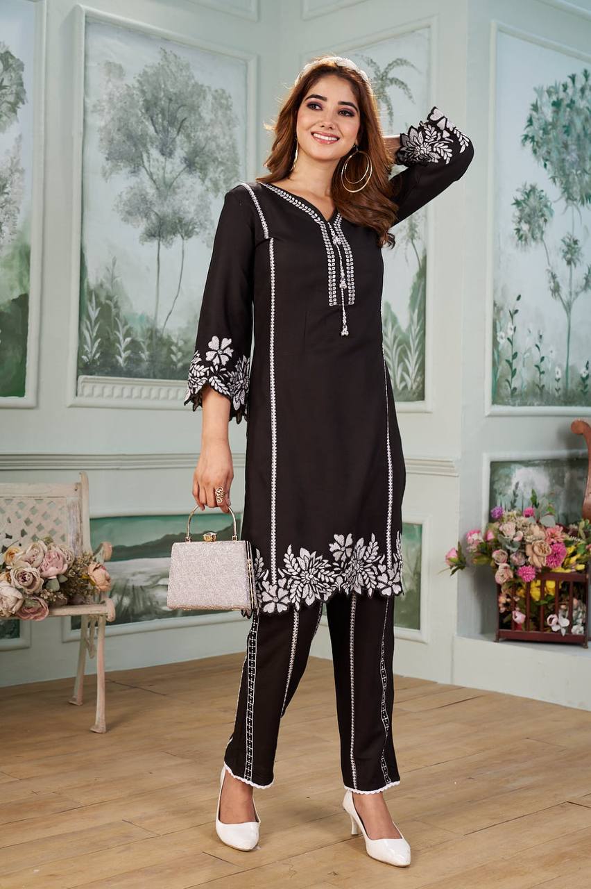 Noir Bloom Running Wear Embroidered Co-Ord Set