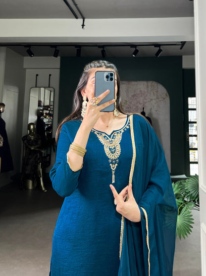 Noor-e-Teal Radiance Vichitra Silk Golden Borders Suit