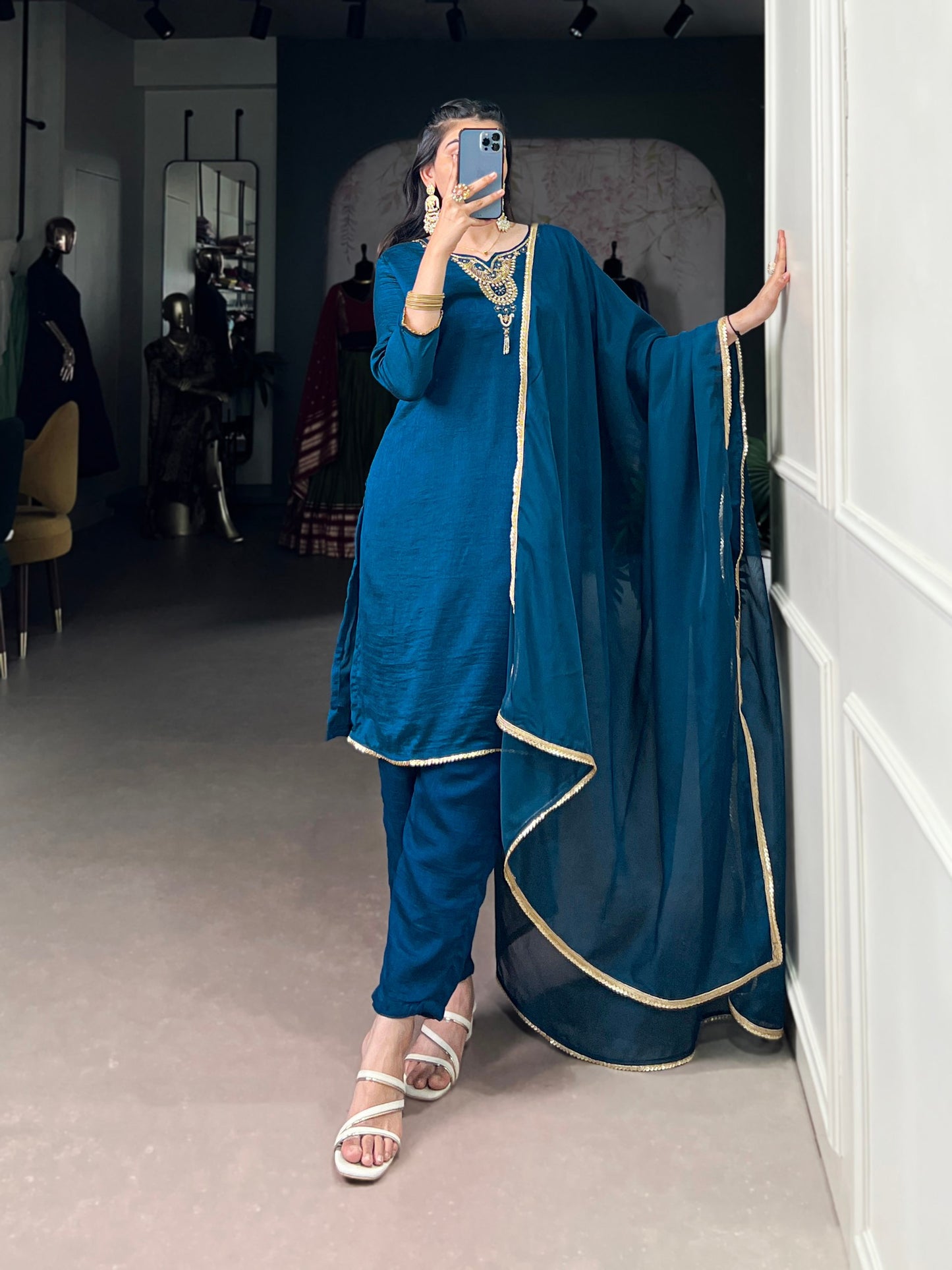 Noor-e-Teal Radiance Vichitra Silk Golden Borders Suit