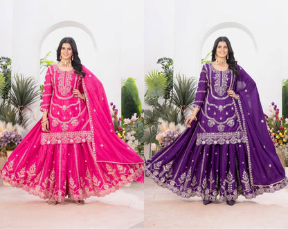 Myra Pure Heavy Chinnon Silk With Embroidery Sleeve  Sharara