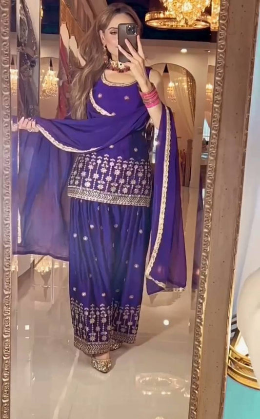 Elegant Royal Blue Embroidered Patiala Suit Set with Dupatta Golden Detailing