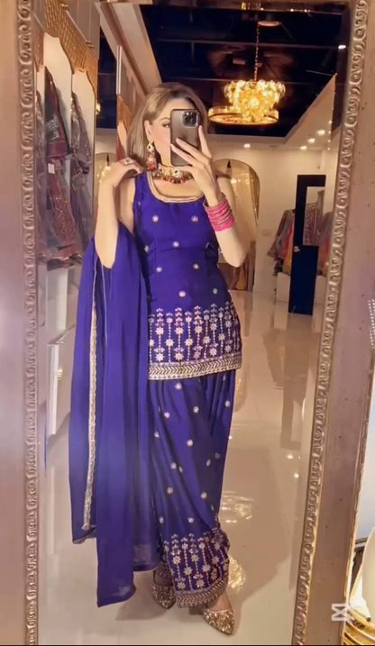 Elegant Royal Blue Embroidered Patiala Suit Set with Dupatta Golden Detailing