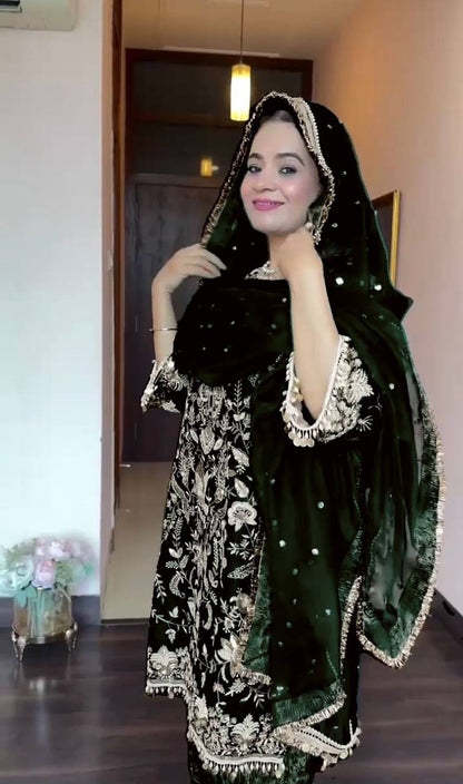 Rozinah Green Colored Velvet Monarch Couture Suit Set