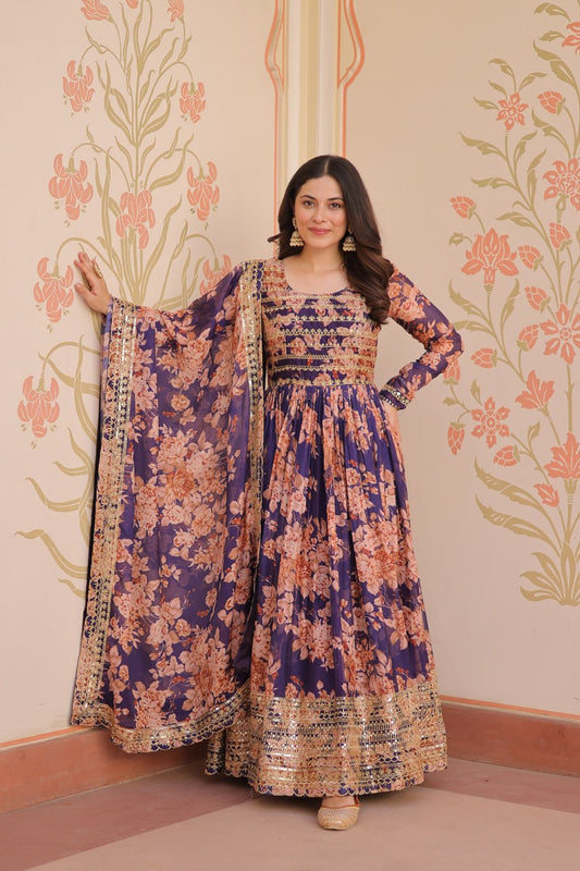 Ruhi Russian Silk Rich Digital Print With Embroidered Sequins Work Gown