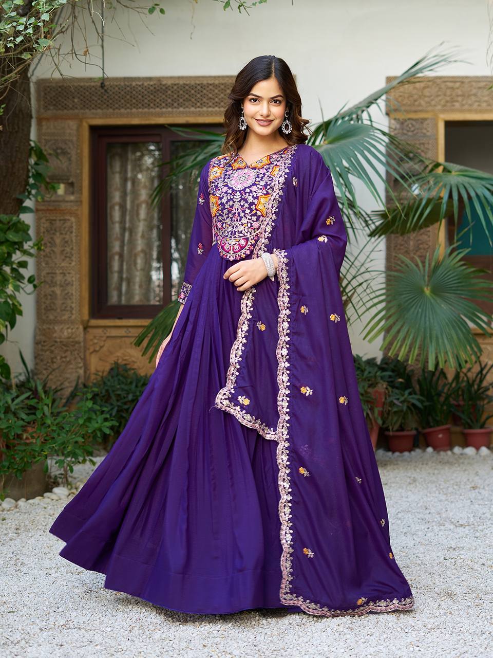 Festive Twinning Magenta & Violet Mirror Embroidered Gowns