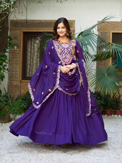 Festive Twinning Magenta & Violet Mirror Embroidered Gowns