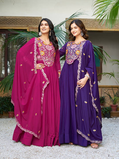 Festive Twinning Magenta & Violet Mirror Embroidered Gowns