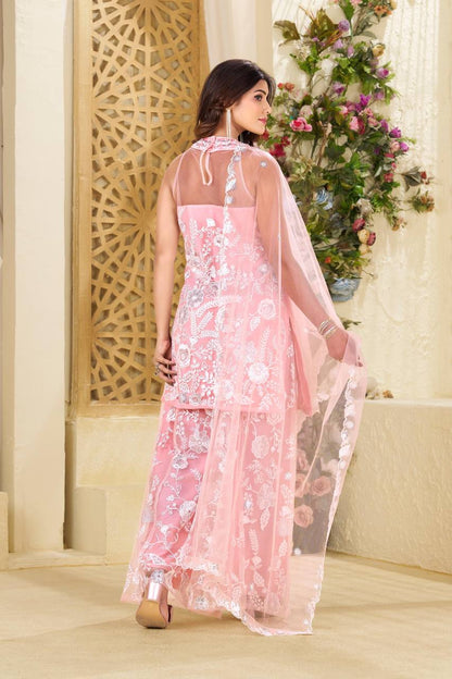 Elegant Blush Pink Exquisite Net Fabric White Thread Floral Work And White Cutdana