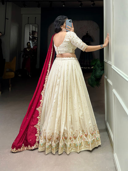 Vichitra Silk Sequins and Thread Embroidery Work Lehenga Choli