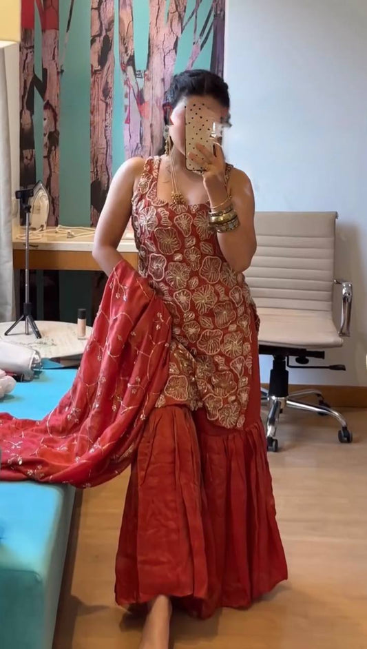 The Majestic Symphony of Rust & Floral Embroidery