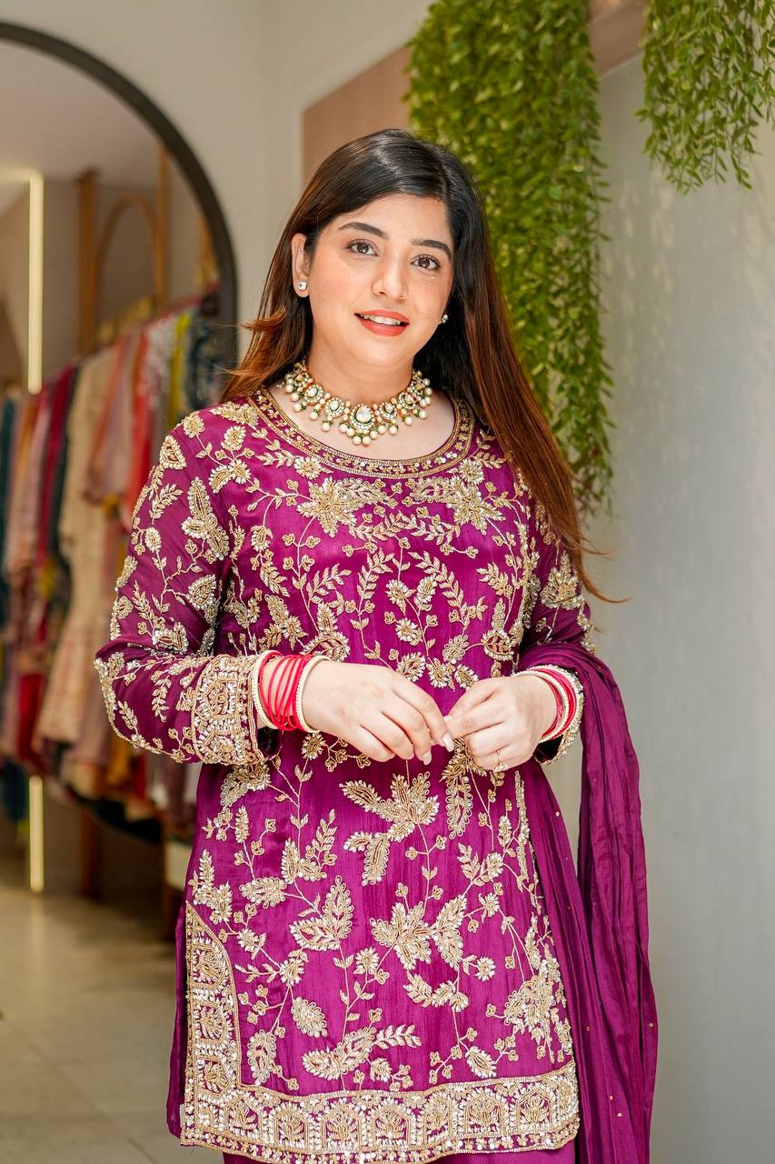 Regal Plum Elegance Handcrafted Embroidered Sharara Set