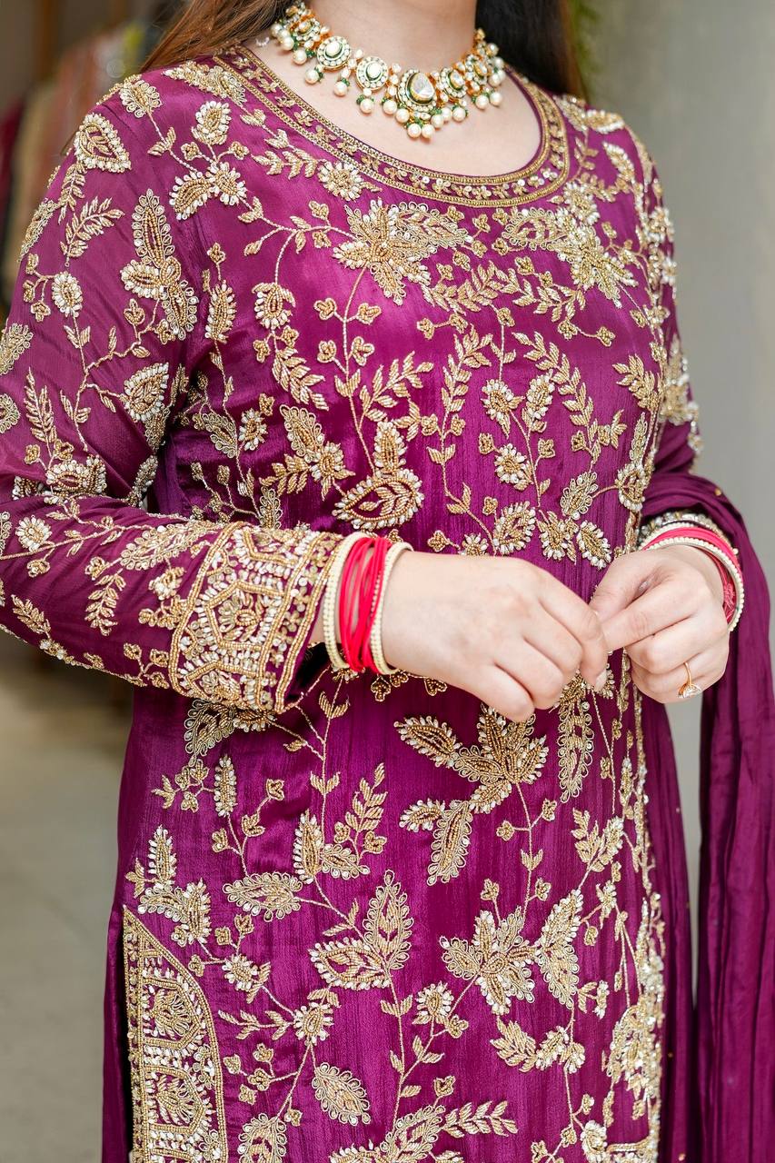 Regal Plum Elegance Handcrafted Embroidered Sharara Set